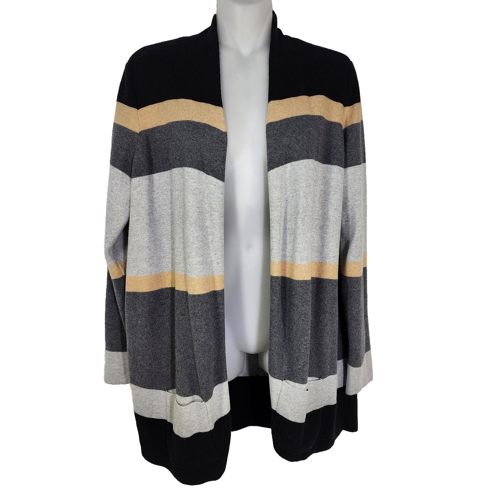 Chicos Cardigan Sweater Womens Sz 1 Medium Capricorn Stripe Open Colorblock Knit